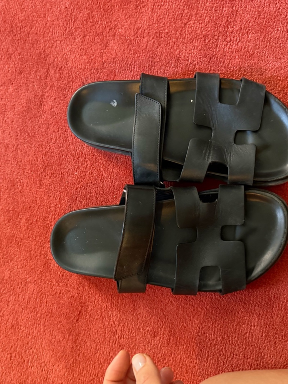 Hermes Black Leather H-Detail Slide Sandals